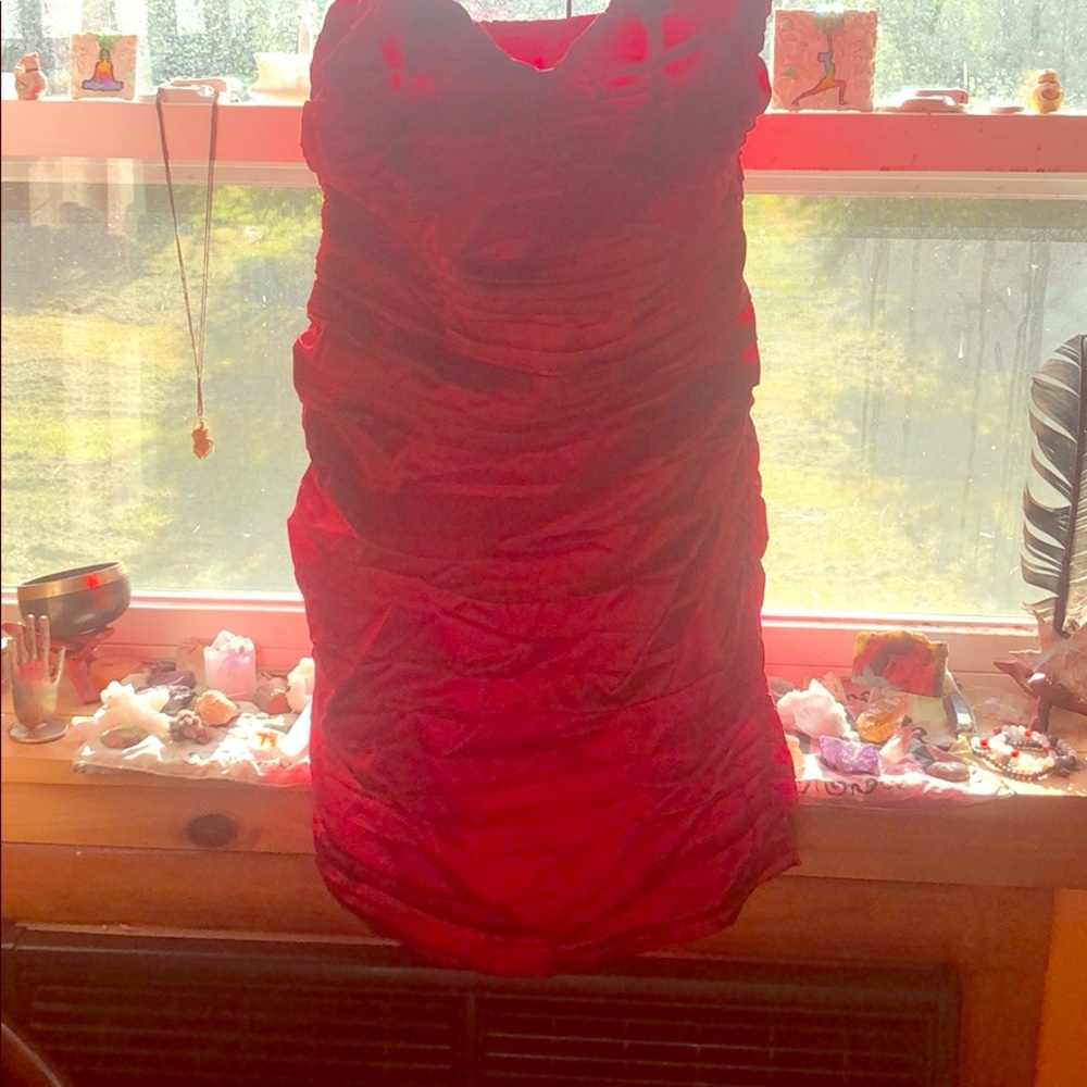 Red satin strapless dress